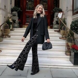 ZARA Velvet Glitter Geometric Flared Pants — Black & Taupe/Silver — XS — NWT